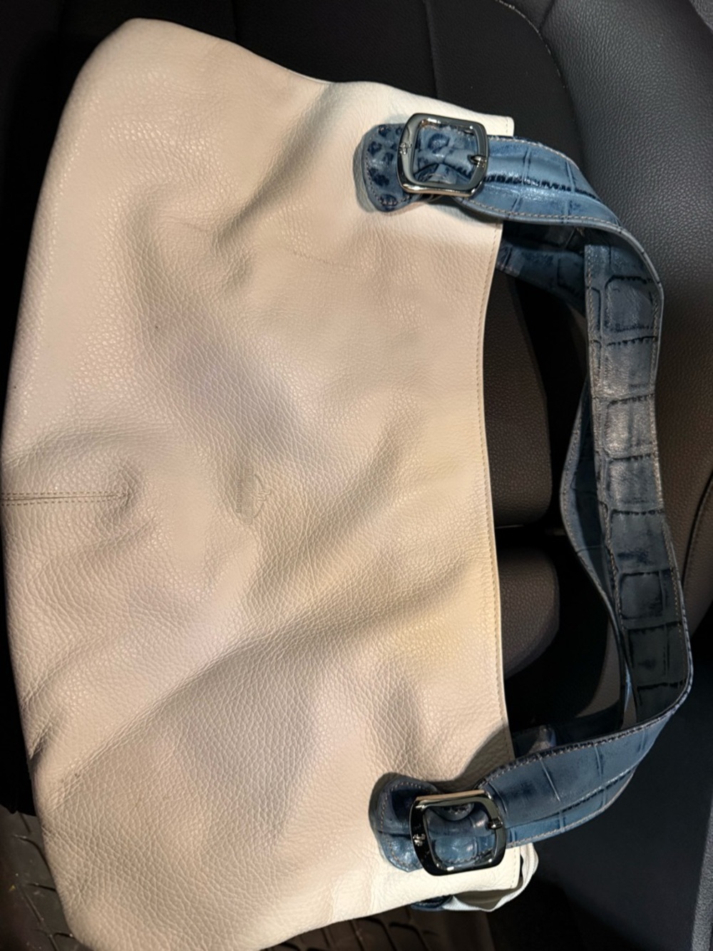 White Leather Shoulder Bag with Blue Croc-Effect Strap PETUSCO - Picture 15 of 16